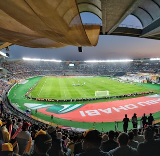 A large, brightly lit stadium filled with spectators. The field is green and well-maintained, with players actively engaged in a soccer match. The stands are crowded, and banners with writing are visible along the perimeter of the field. The atmosphere suggests excitement and energy.