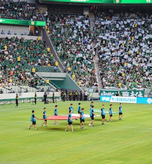A large sports stadium is filled with spectators, the majority wearing green shirts, creating a vibrant and energetic atmosphere. In the foreground, a group of individuals dressed in blue shirts are carrying a large flag across the field. Stadium staff and officials are positioned near the field and among the crowd.
