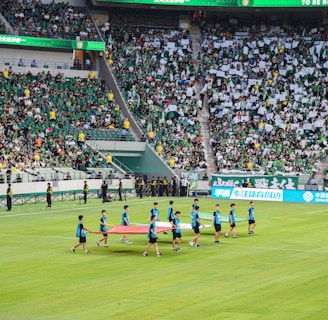 A large sports stadium is filled with spectators, the majority wearing green shirts, creating a vibrant and energetic atmosphere. In the foreground, a group of individuals dressed in blue shirts are carrying a large flag across the field. Stadium staff and officials are positioned near the field and among the crowd.